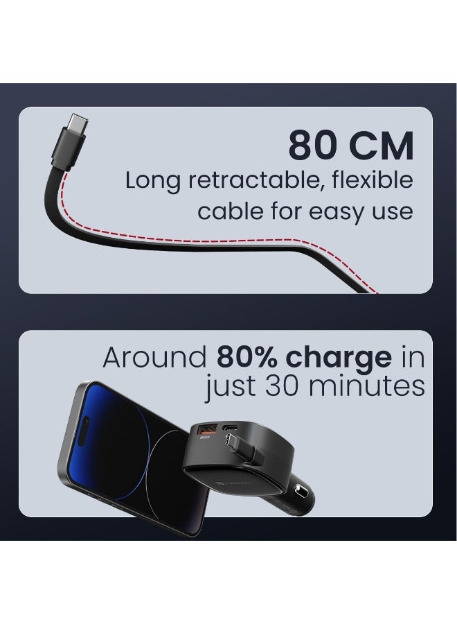 بورترونيكس Portronics Car Power Retracto 84W 3 in 1 Car Charger, 80 cm Retractable Cable (33W Type-C PD), Dual Port (18W USB Type-A & 33W Type-C) for Laptop, Android, iPhone, Earbuds and More (Black) - Image 5